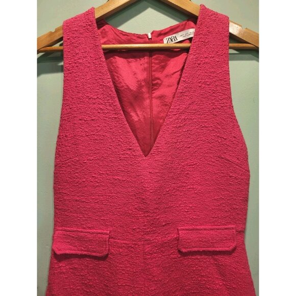 Zara Fuscia Textured Playsuit Tweed Romper V Neck Sz S - Picture 2 of 6